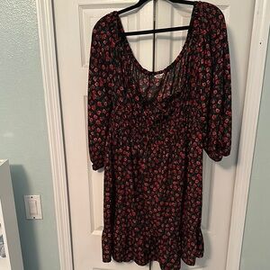 Black Floral Scoop Neck Dress with Red Roses